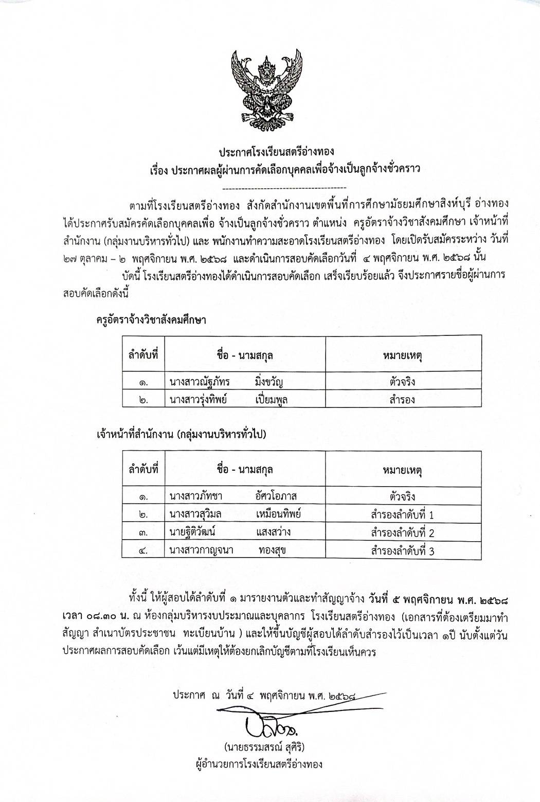 ประกาศผลผู้ผ่านการคัดเลือกบุคคลเพื่อจ้างเป็นลูกจ้างชั่วคราว